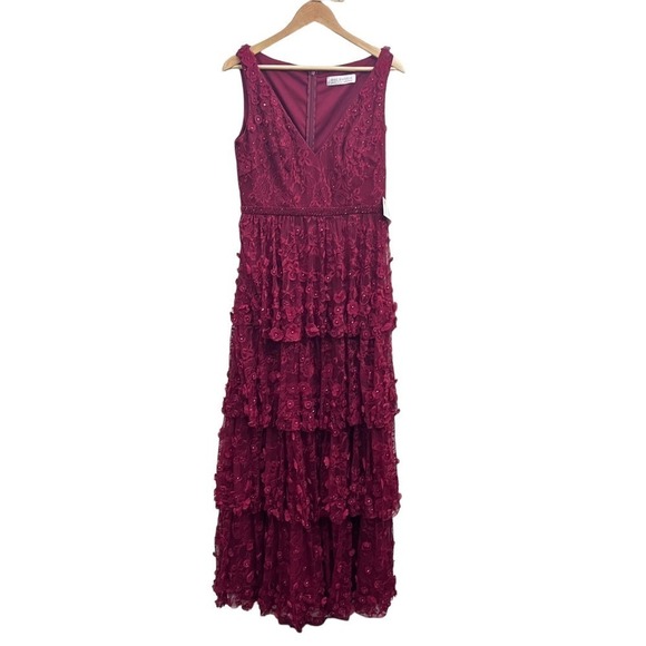 NEW $698 MAC DUGGAL 67710 BURGUNDY FLORAL RUFFLED TIERED SLEEVELESS GOWN Sz 10 - Picture 4 of 16